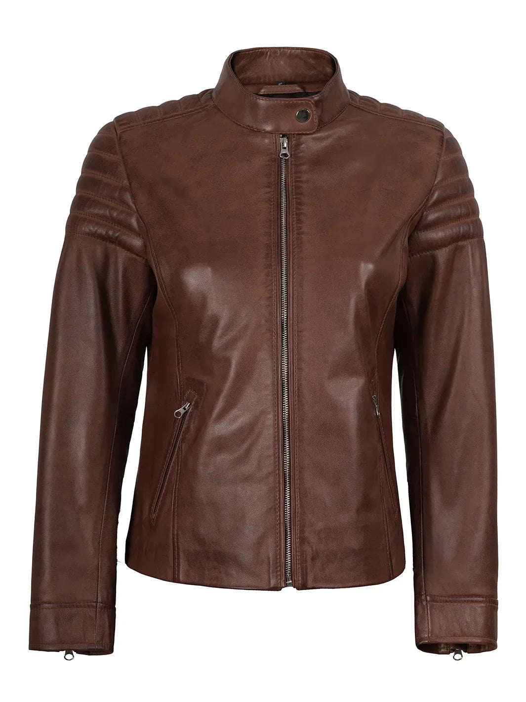 Womens Cognac Brown Cafe Racer Style Leather Jacket - Padded Shoulders