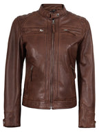 Johnson Women's Cognac Brown Cafe Racer Style Leather Jacket