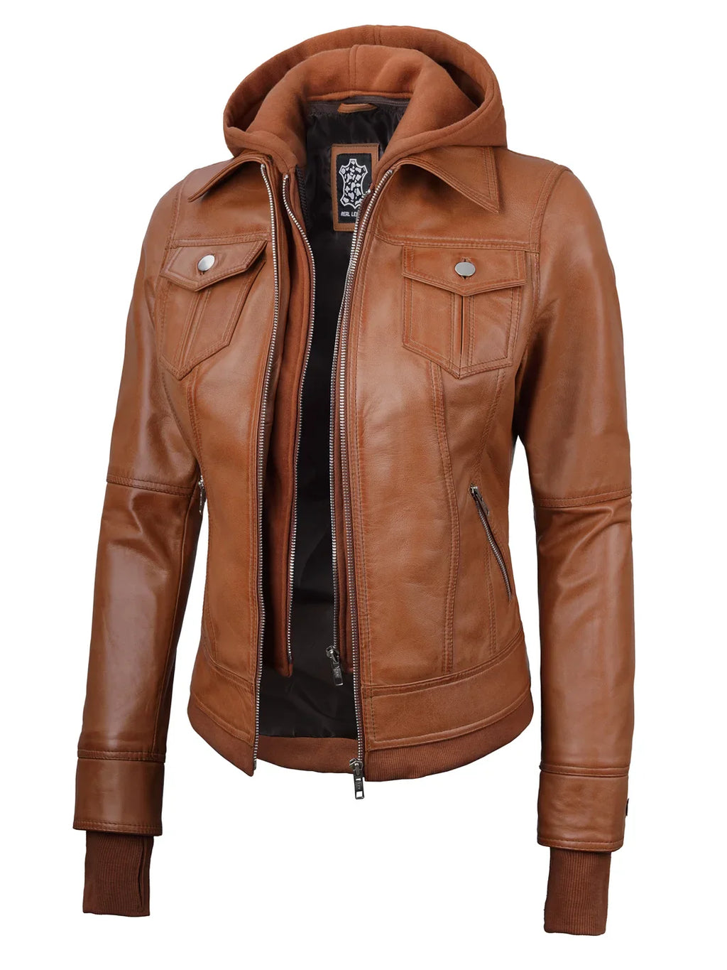 Tralee Womens Tan Wax Bomber Leather Jacket With Removable Hood