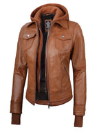 Tralee Womens Tan Wax Bomber Leather Jacket With Removable Hood