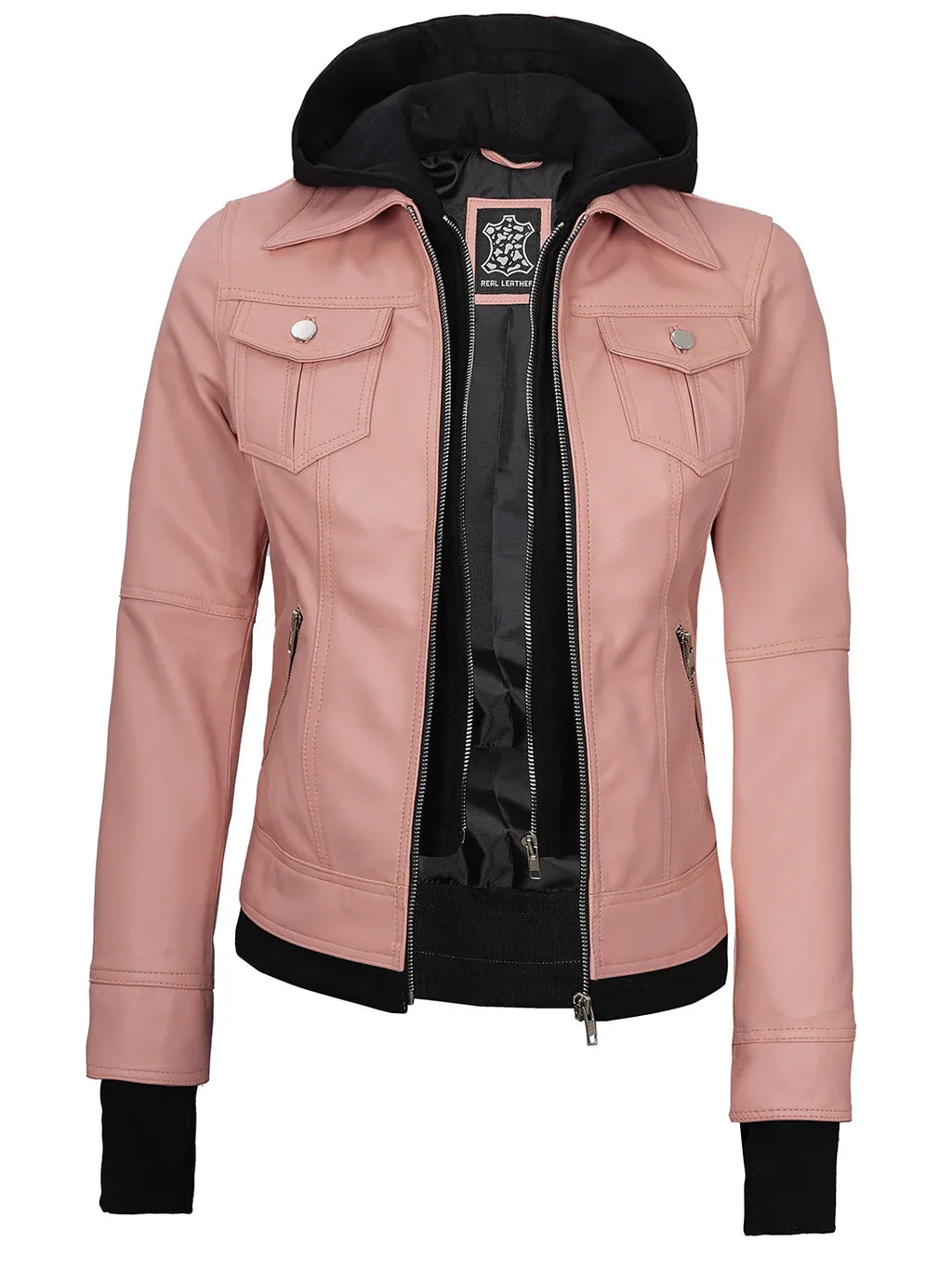 Tralee Women's Pink Leather Biker Style Jacket with Hood