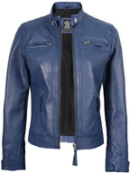 Women Blue Diamond Cafe Racer Real Leather Jacket