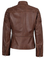 Womens Cognac Brown Cafe Racer Style Leather Jacket - Padded Shoulders