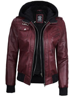 Women's Burgundy Leather Jacket with Removable Hood