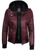 Women's Burgundy Leather Jacket with Removable Hood
