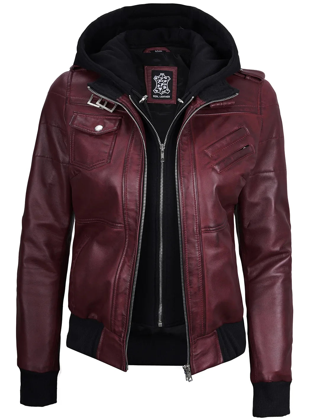 Women's Burgundy Leather Jacket with Removable Hood