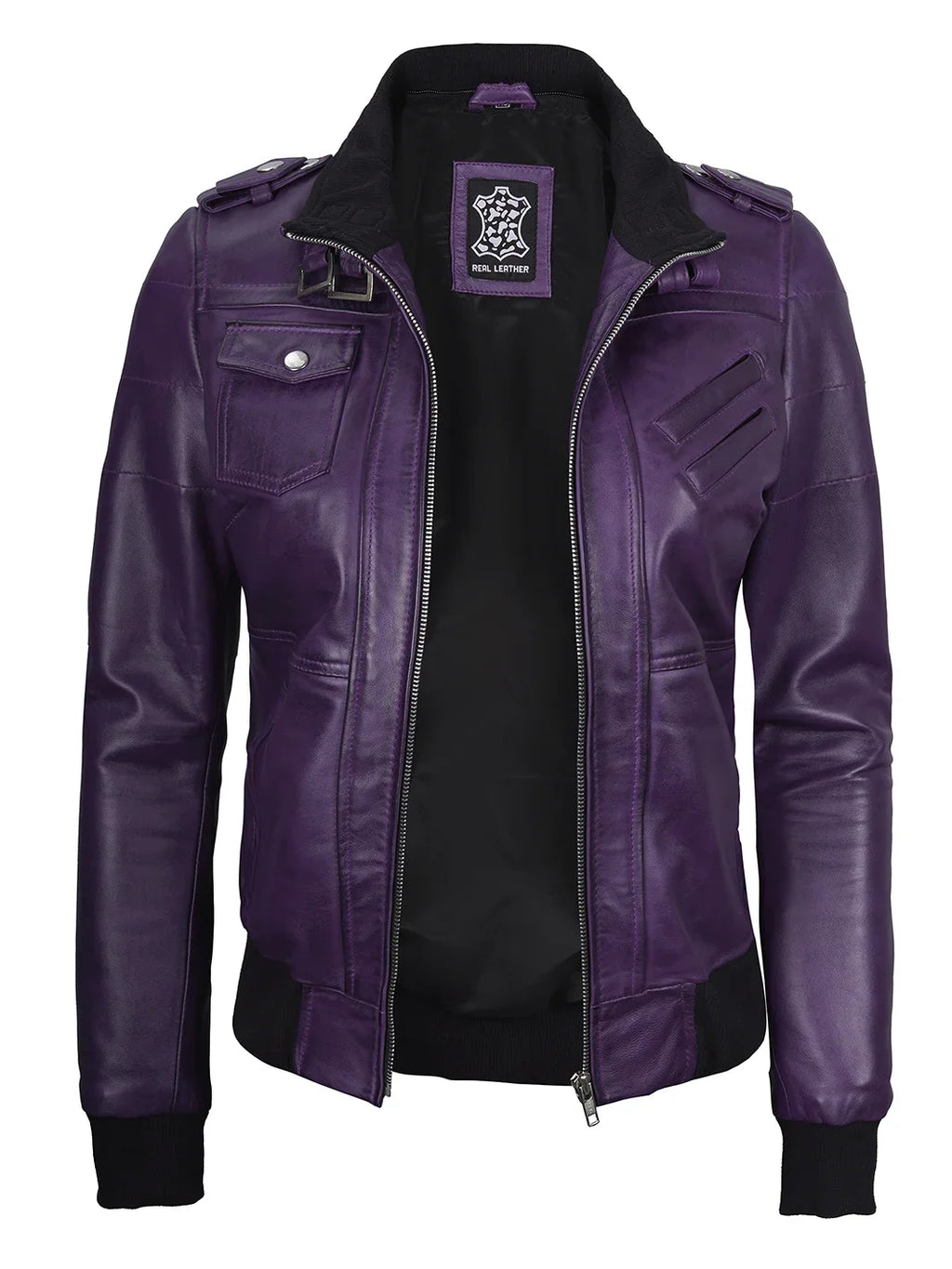 Women's Purple Real Leather Jacket with Removable Hood