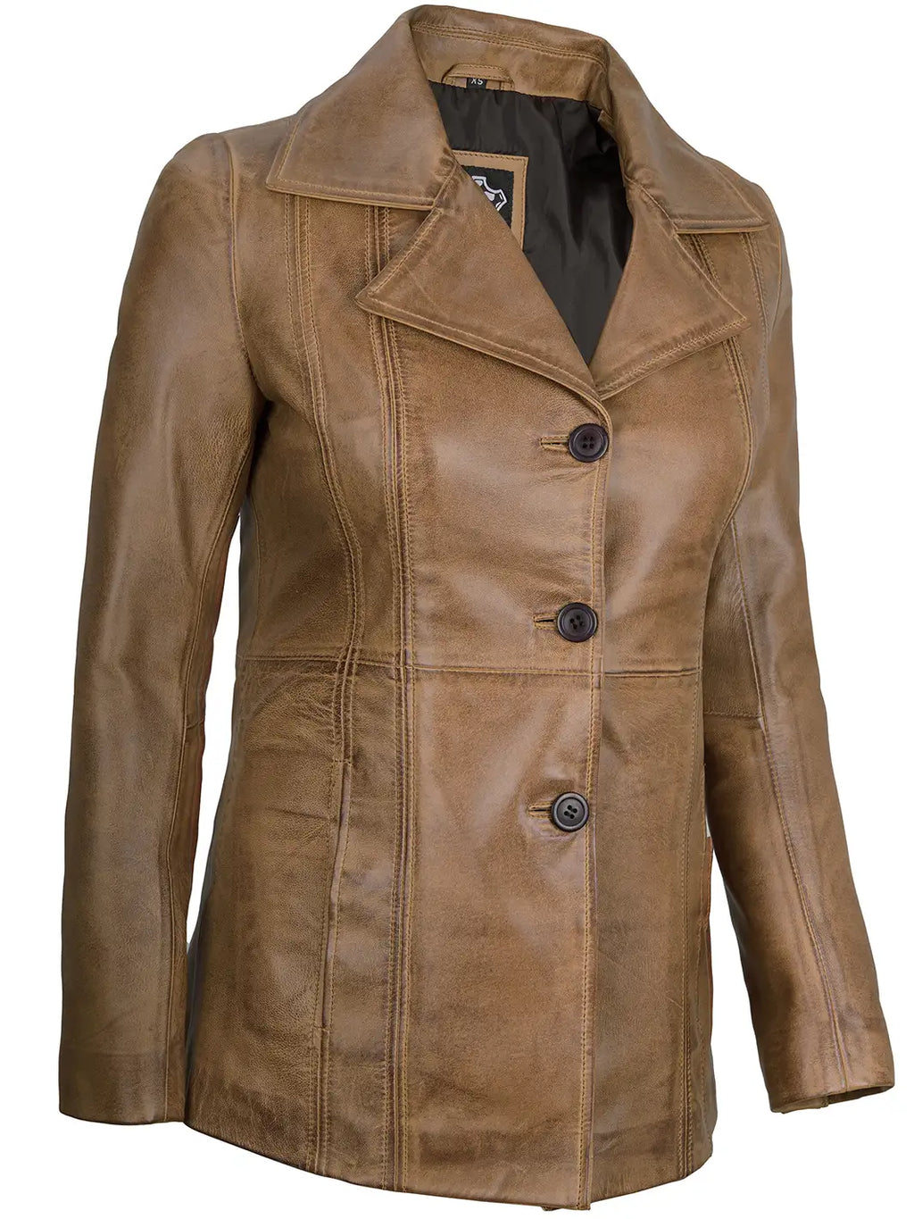 Women’s Camel Three Button Lambskin Leather Jacket