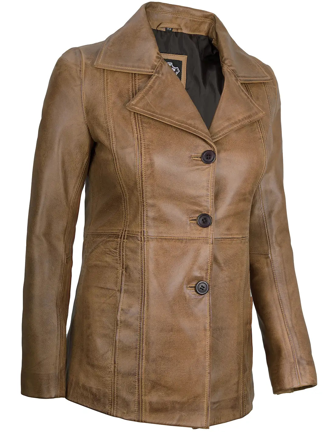 Women’s Camel Three Button Lambskin Leather Jacket