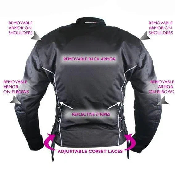 Women’s Removable Armor Black Fabric Motorcycle Jacket