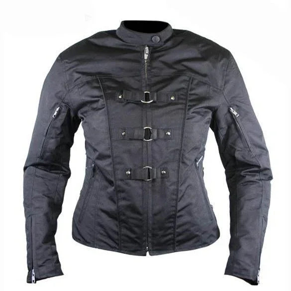 Women’s Removable Armor Black Fabric Motorcycle Jacket
