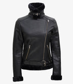Women's Black Asymmetrical Shearling Leather Jacket