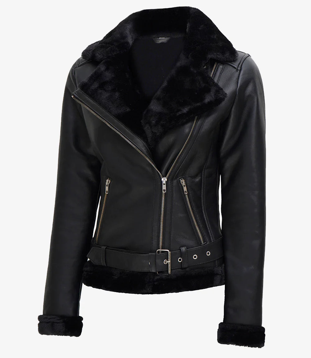 Women's Black Asymmetrical Shearling Leather Jacket