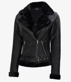 Women's Black Asymmetrical Shearling Leather Jacket