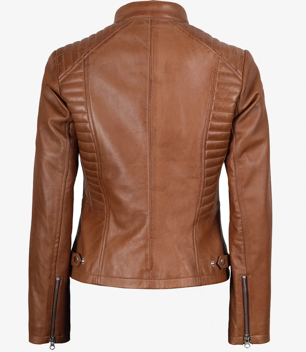 Women's Petite Tan Brown Wax Cafe Racer Leather Jacket