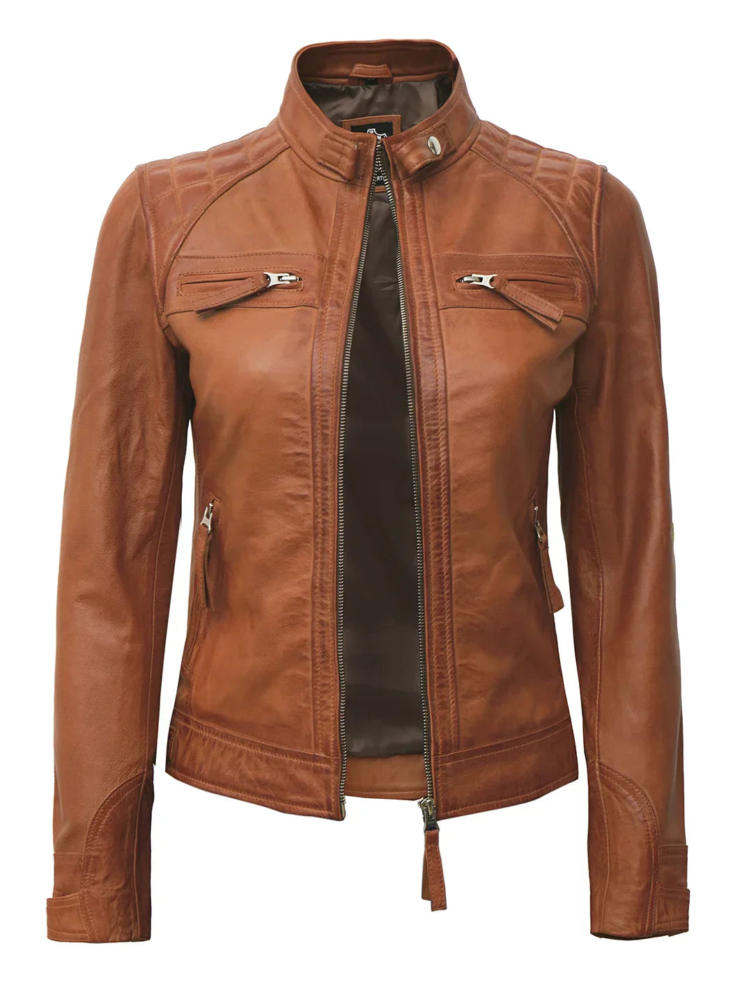 Women's Cafe Racer Style Tan Brown Leather Jacket