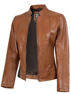 Amy Womens Cafe Racer Tan Brown Real Leather Jacket