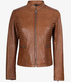 Women's Petite Tan Brown Wax Cafe Racer Leather Jacket