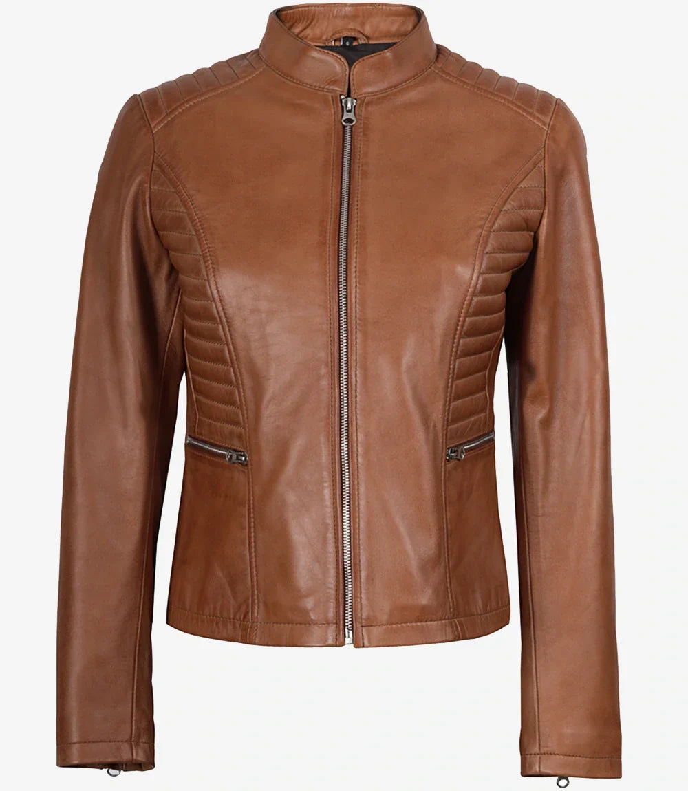 Women's Petite Tan Brown Wax Cafe Racer Leather Jacket