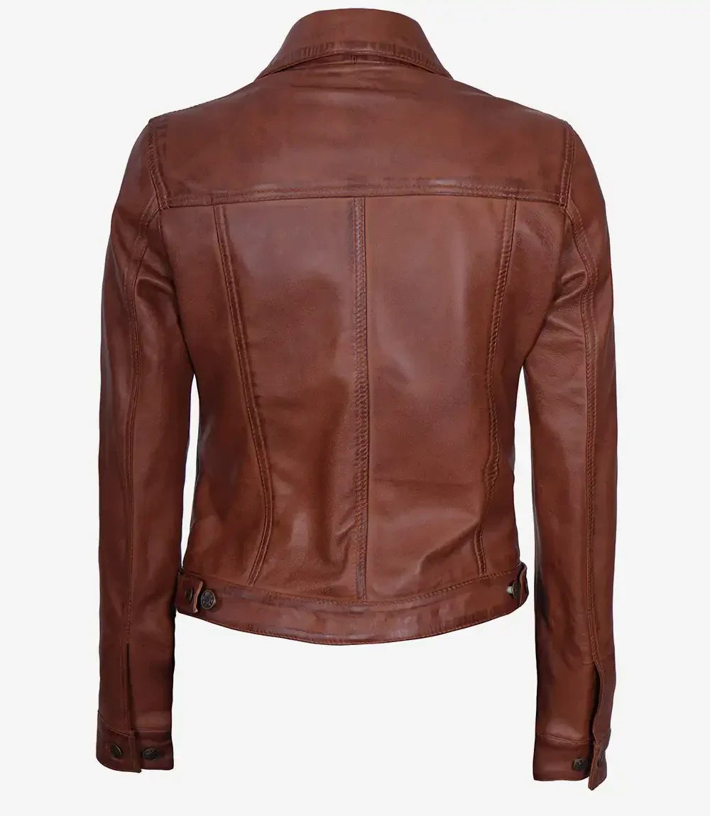 Fernando Womens Cognac Brown Leather Trucker Jacket