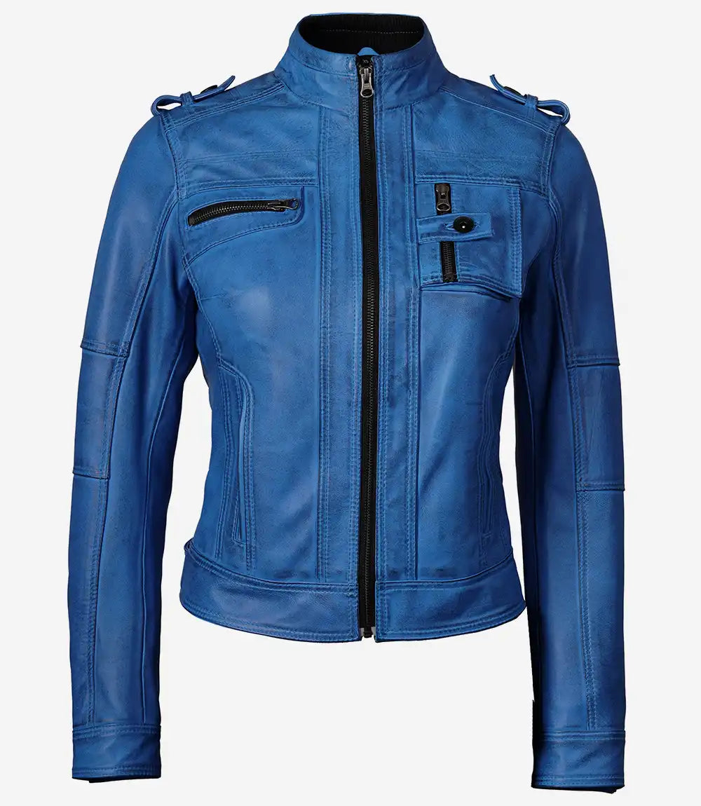 Tavares Womens Vivid Blue Biker Style Leather Jacket