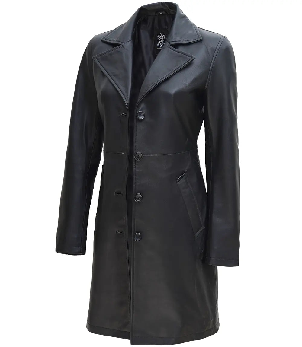 Women Petite Black Real Leather Car Coat