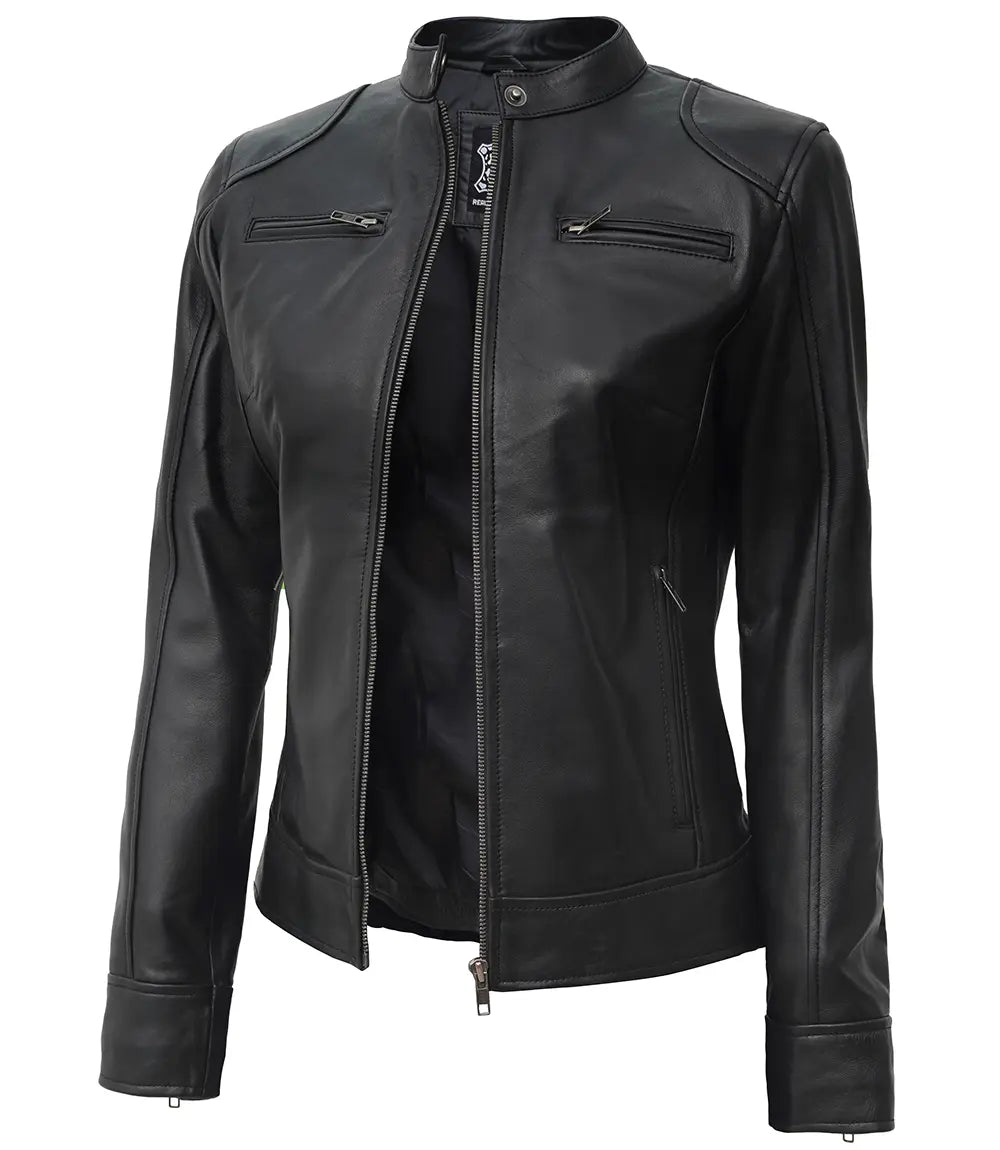 Dodge Petite Women's Black Lambskin Leather Biker Style Jacket