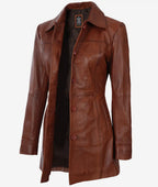 Womens Petite Cognac Brown Leather 3/4 Length Coat