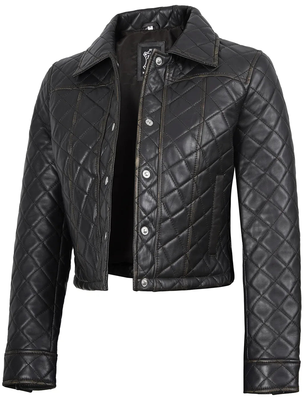 Mable Women's Dark Brown Cropped Shirt Collar Leather Jacket