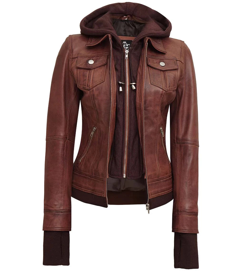 Women's Dark Brown Bomber Leather Jacket with Removable Hood
