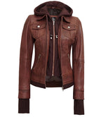 Women's Dark Brown Bomber Leather Jacket with Removable Hood