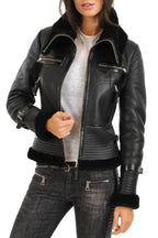Amelia Black B3 RAF Shearling Aviator Leather Bomber Jacket
