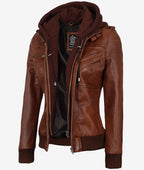 Women's Cognac Brown Leather Jacket with Removeable Hood