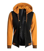 Women's Black and Yellow Varsity Letterman Jacket with Hood