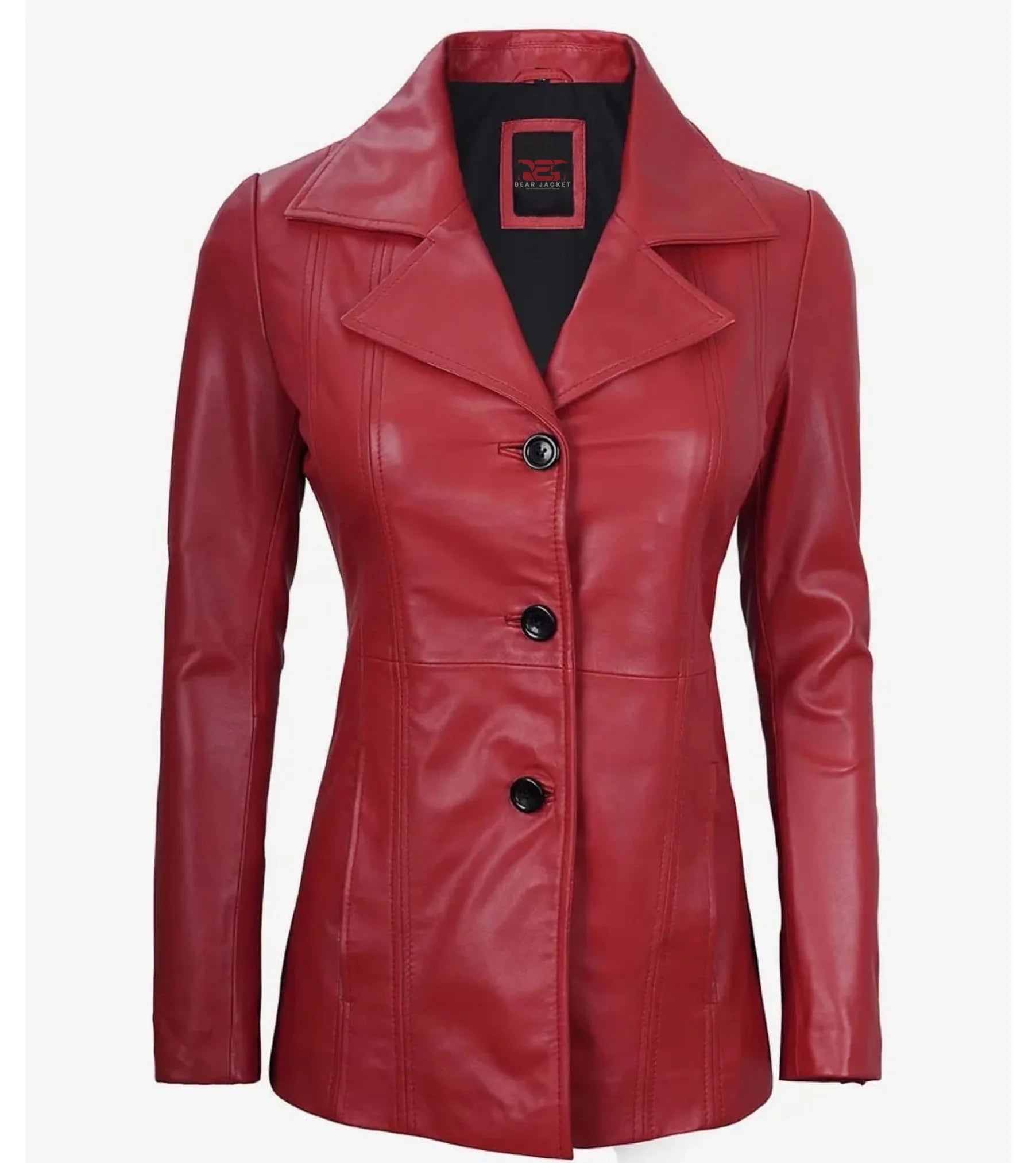 Eve Red Real Leather Blazer With Three Buttons