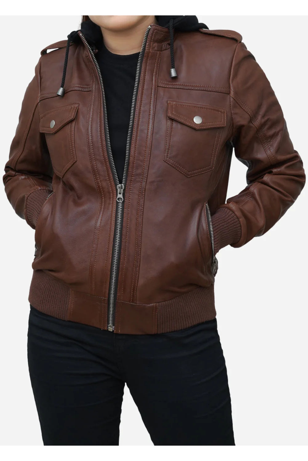 Amara Brown Hooded Leather Bomber Jacket