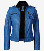 Tavares Womens Vivid Blue Biker Style Leather Jacket