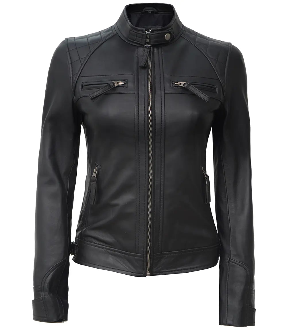 Johnson Tall Women Black Cafe Racer Leather Jacket