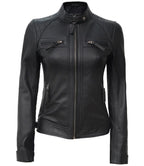 Johnson Tall Women Black Cafe Racer Leather Jacket