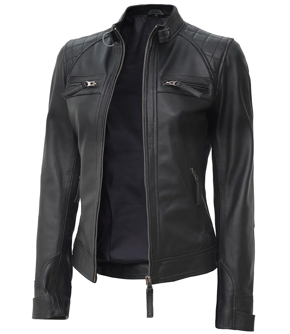Johnson Tall Women Black Cafe Racer Leather Jacket