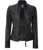 Johnson Tall Women Black Cafe Racer Leather Jacket