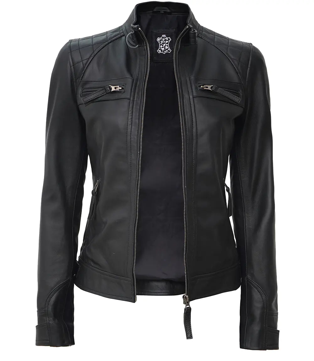 Johnson Tall Women Black Cafe Racer Leather Jacket