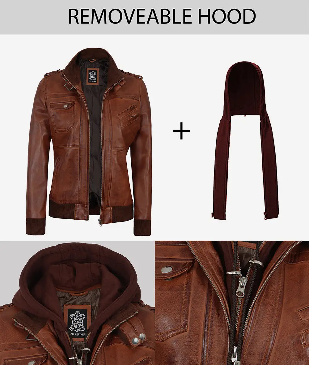 Women's Cognac Brown Leather Jacket with Removeable Hood