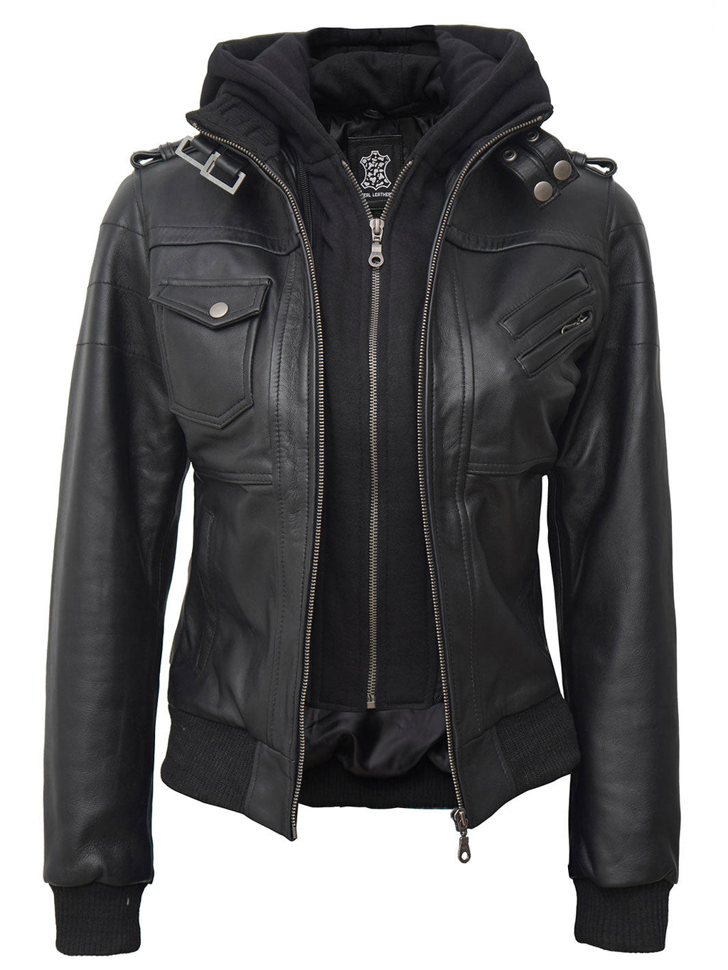Petite Women's Bomber Black Leather Jacket with Removable Hood