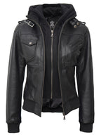 Petite Women's Bomber Black Leather Jacket with Removable Hood