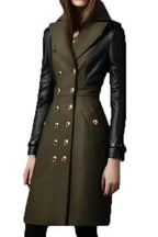 Lydia Double-Breasted Long Trench Coat – Green Wool & Black Leather