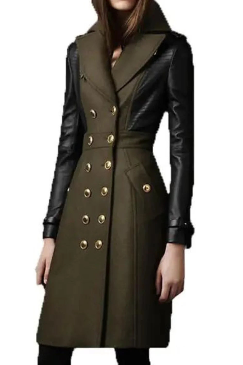 Lydia Double-Breasted Long Trench Coat – Green Wool & Black Leather